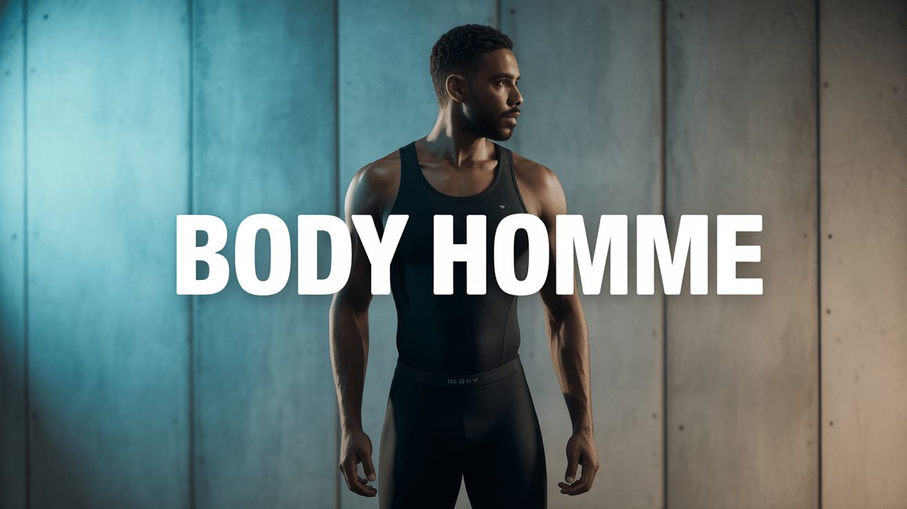 Homme portant bodies homme noir ajusté sur fond dégradé bleu gris