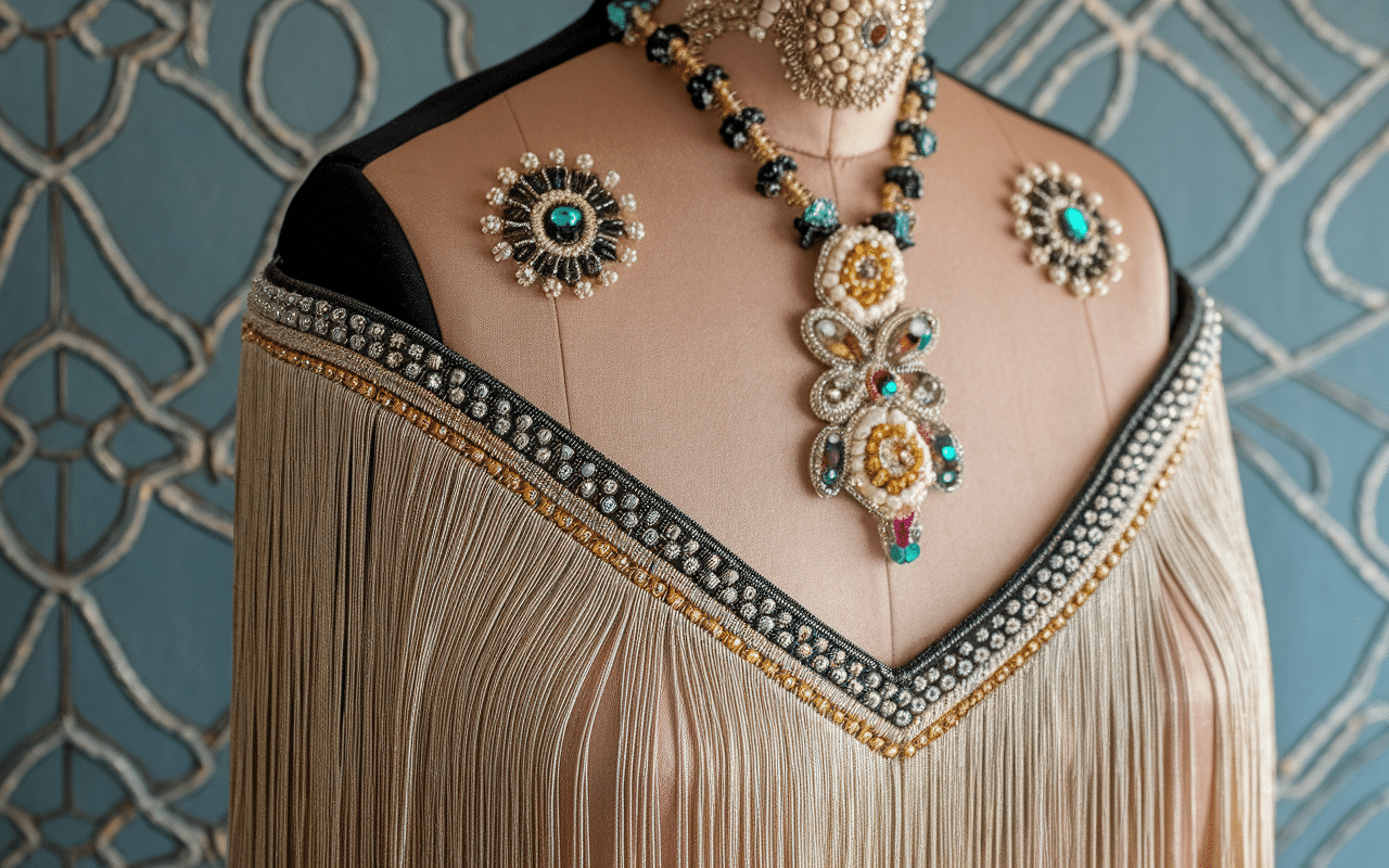 Détails franges et perles robe peaky blinders