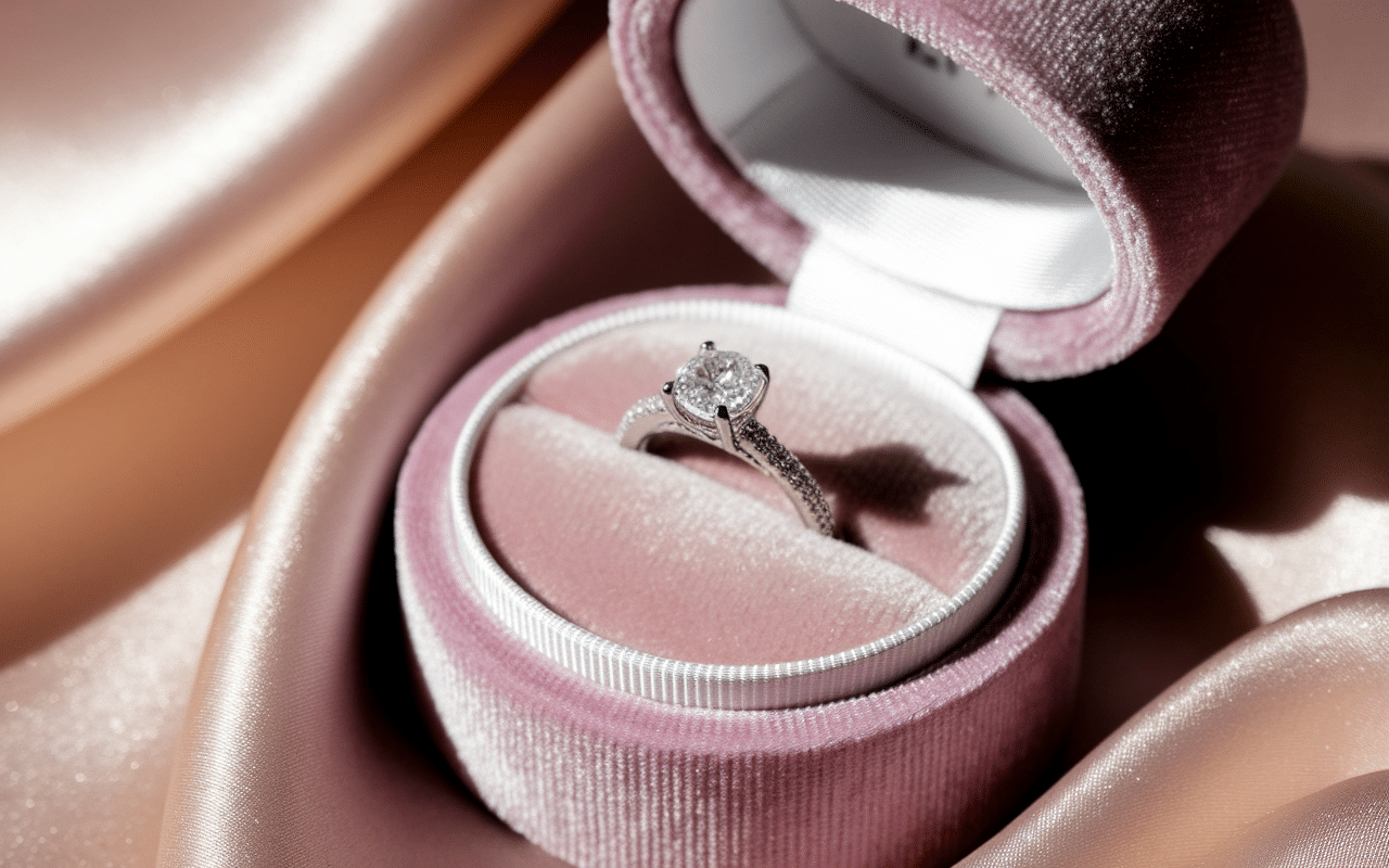 Ecrin bague fiancaille velours et diamant gros plan