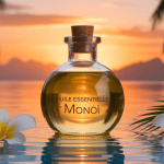 huile essentielle monoi bouteille dorée fleurs tropicales spa