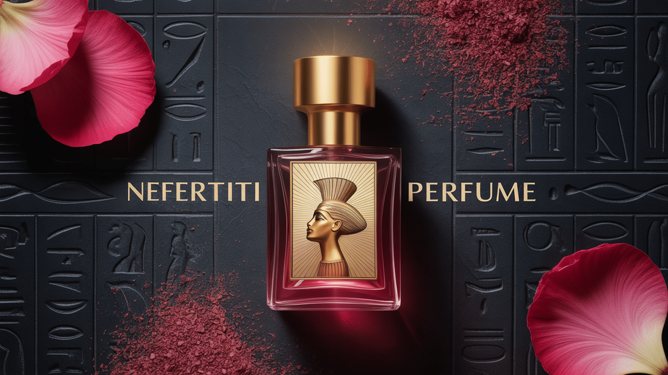 Flacon nefertiti perfume doré sur marbre noir