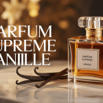 Flacon parfum supreme vanille luxe sur marbre avec gousses