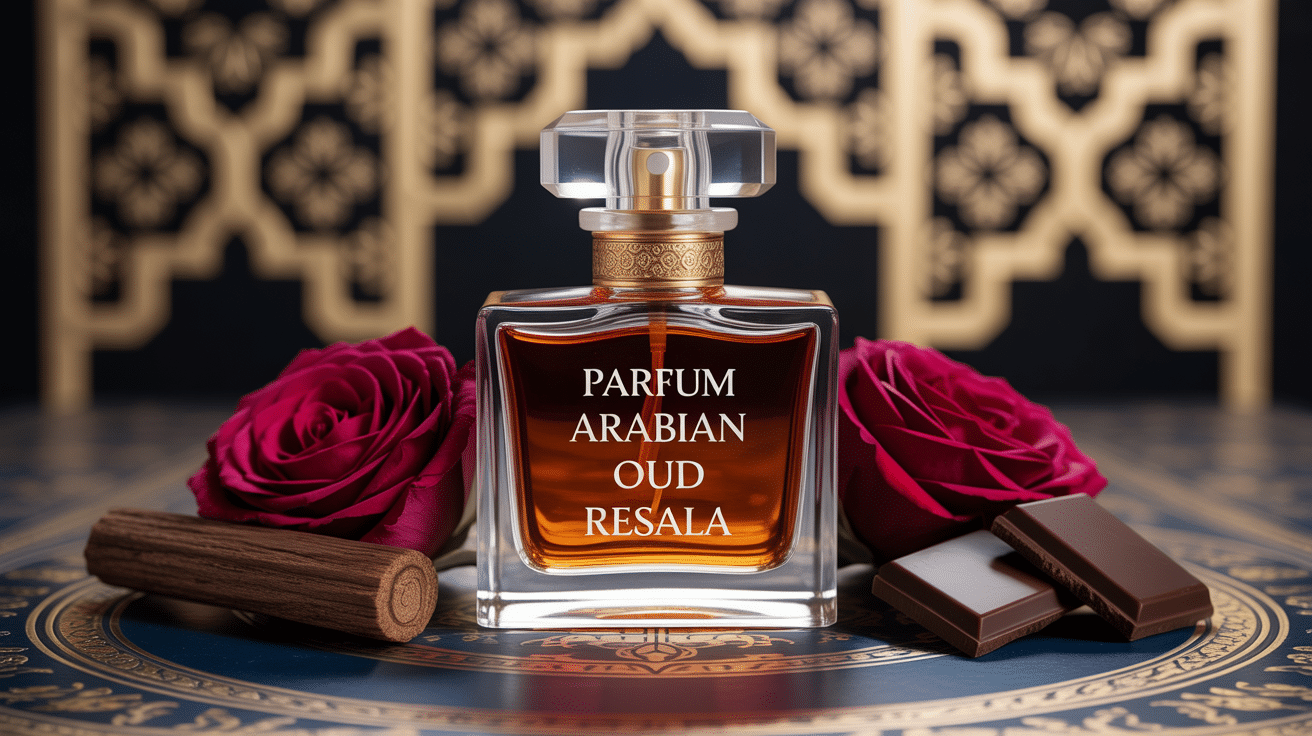 arabian oud resala parfum flacon verre ambre et roses