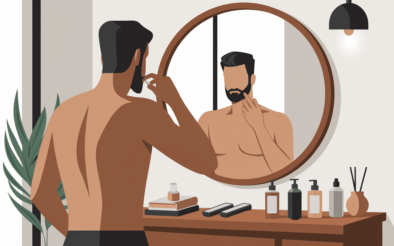 baume a barbe application devant miroir