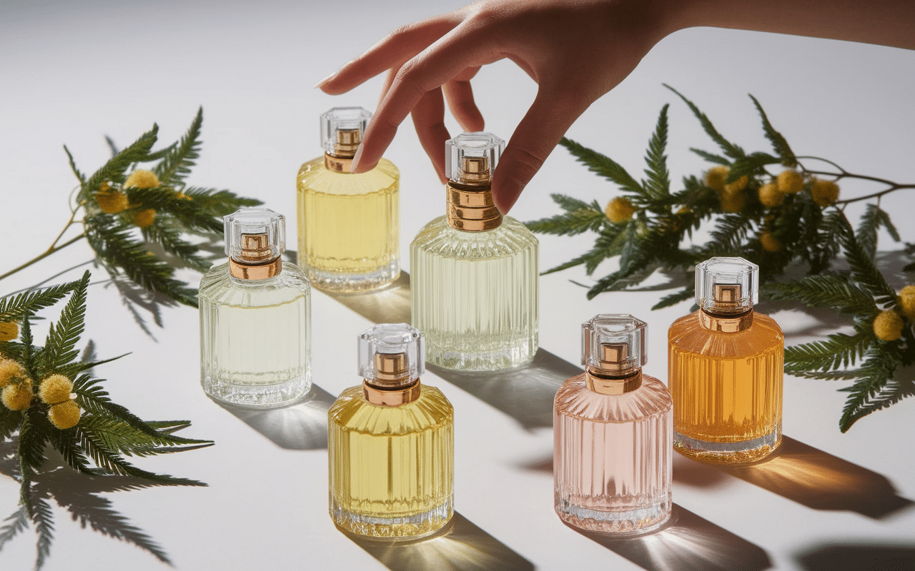 Sélection parfum au mimosa flacons verre et mimosa