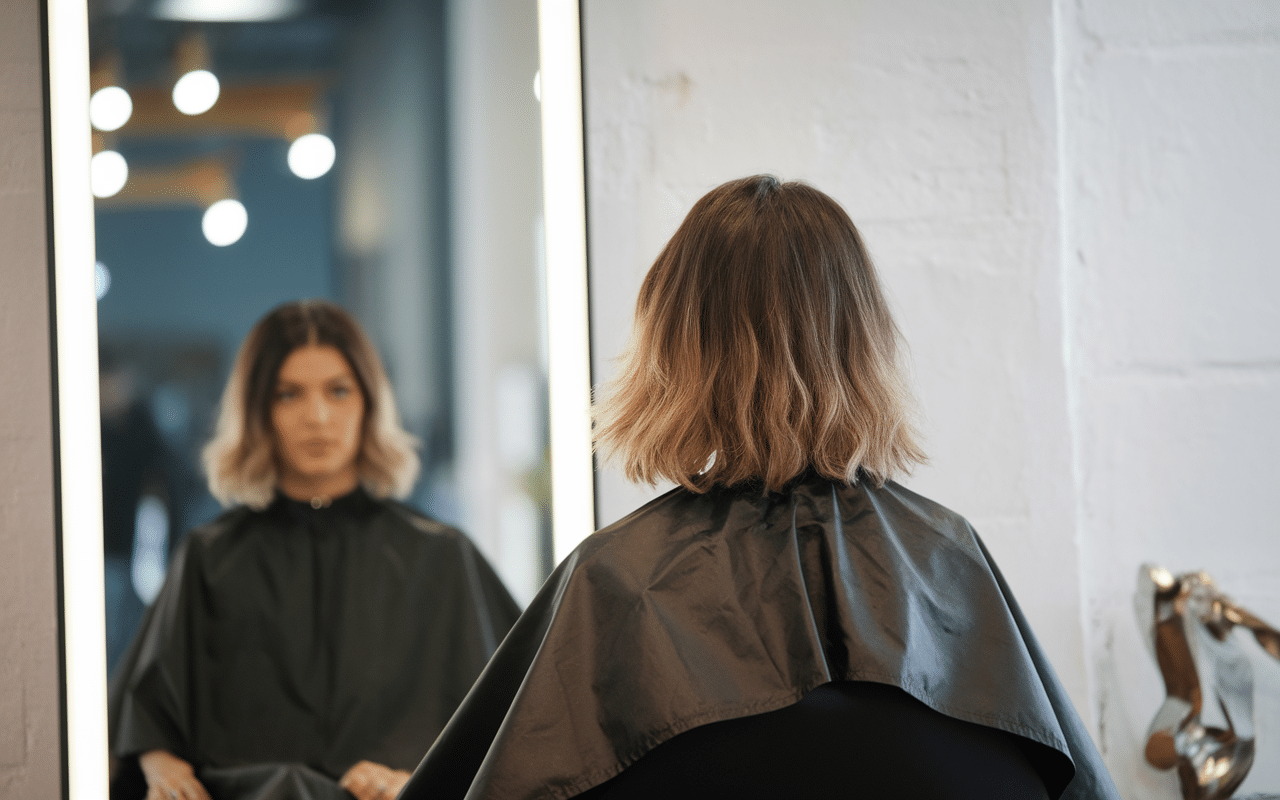 Femme cheveux courts coupe rock en salon