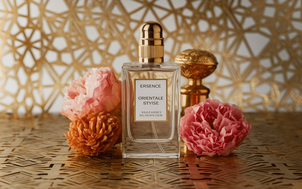 Flacon parfums Sultan volutes dorées et ingrédients exotiques