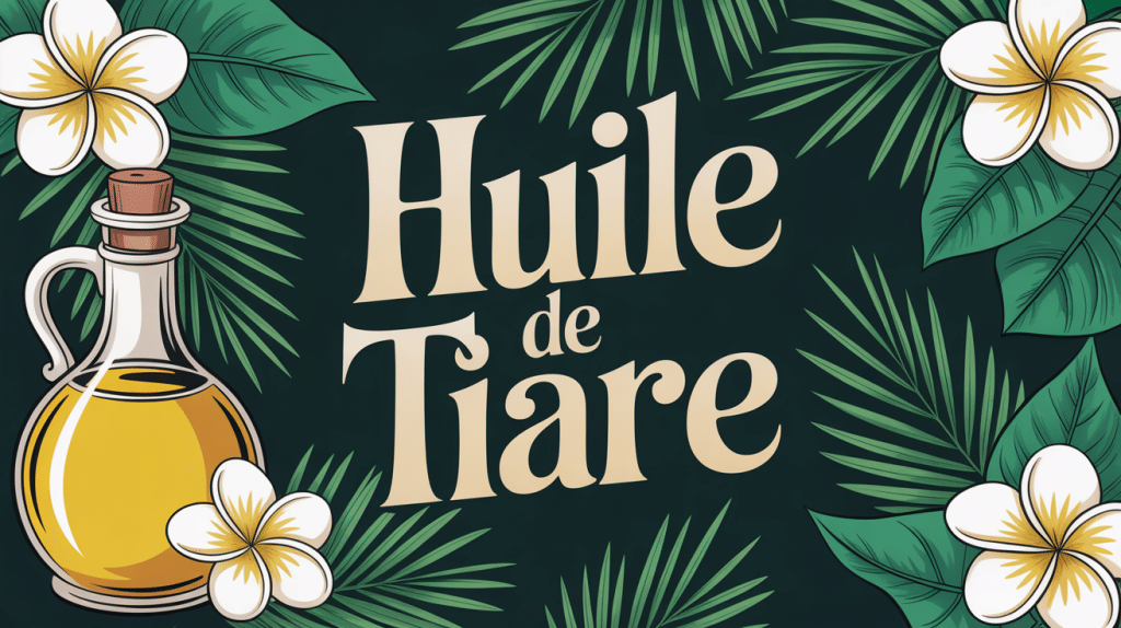 Huile de tiaré en bouteille entourée de fleurs tropicales