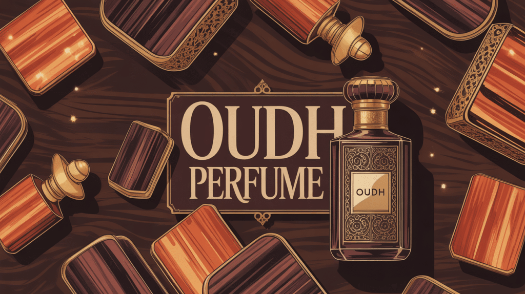 Flacon oudh perfume doré sur bois précieux