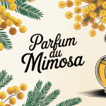 Illustration parfum au mimosa flacon et fleurs jaunes