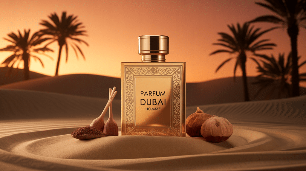 Flacon de parfum Dubai homme doré et épices sur sable