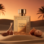 Flacon de parfum Dubai homme doré et épices sur sable