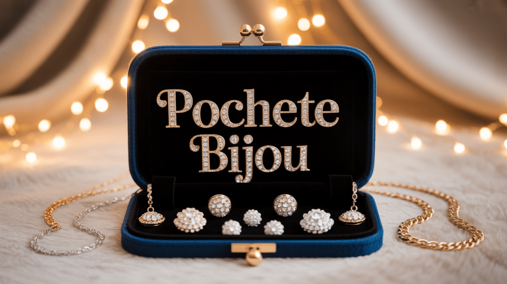Pochette bijou noire ouverte avec bijoux dores
