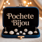 Pochette bijou noire ouverte avec bijoux dores