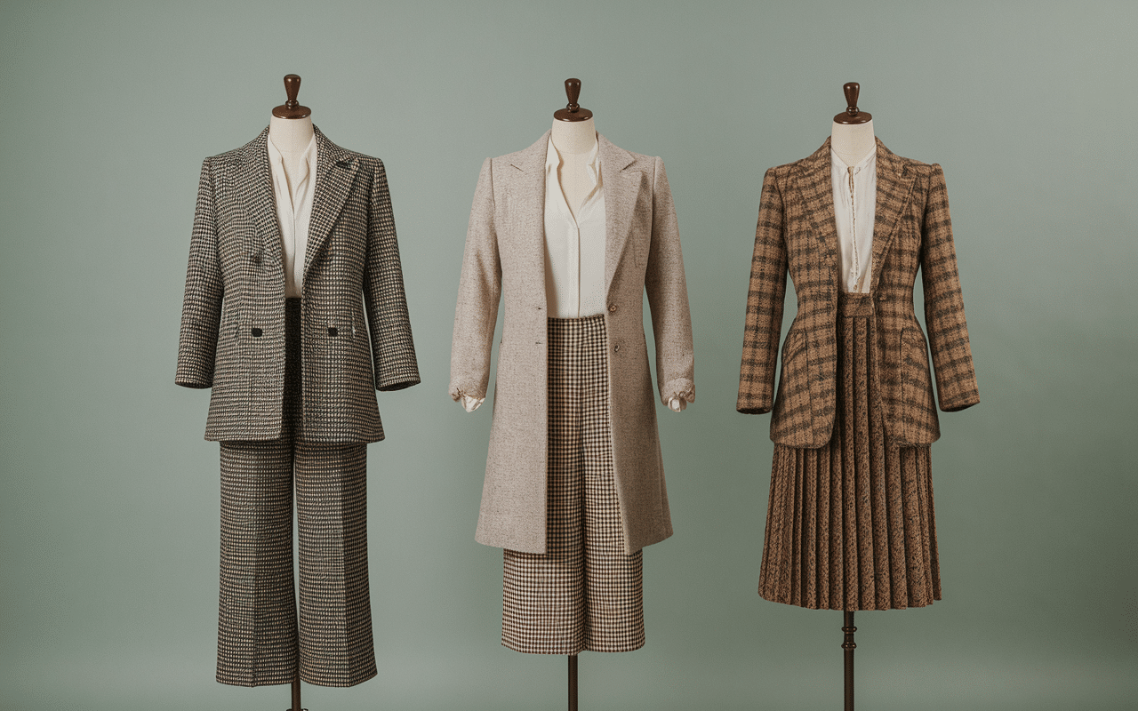 Vêtements féminins vintage style Peaky Blinders : vestes tweed, pantalons taille haute