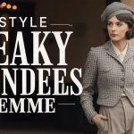 Silhouette vintage femme style Peaky Blinders avec veste tweed et casquette gavroche