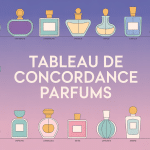 tableau de concordance parfum la maison des essences flacons rangés et flèches dorées