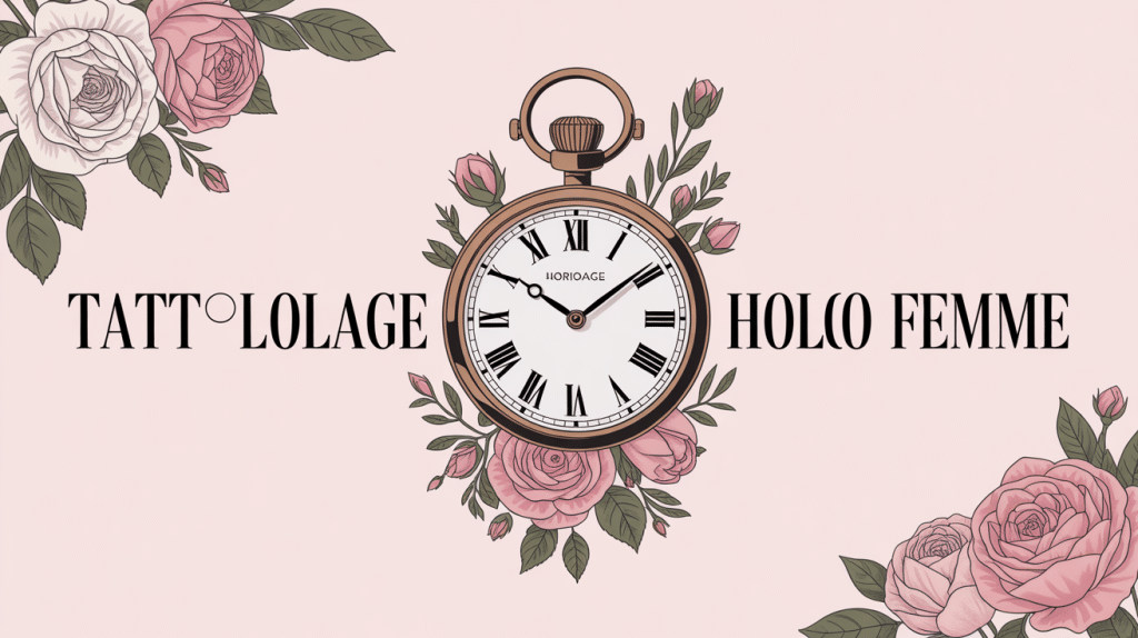 Tatouage horloge femme sur fond pastel avec roses