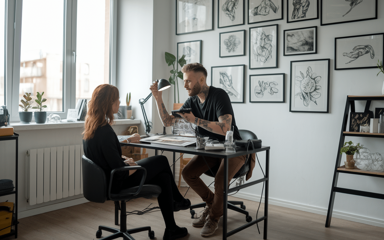 Tatoueur montre portfolio tatouage réaliste à client