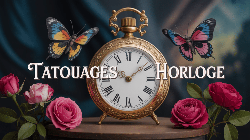 Tatouages horloge ornementée au centre avec roses et papillons