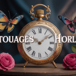 Tatouages horloge ornementée au centre avec roses et papillons