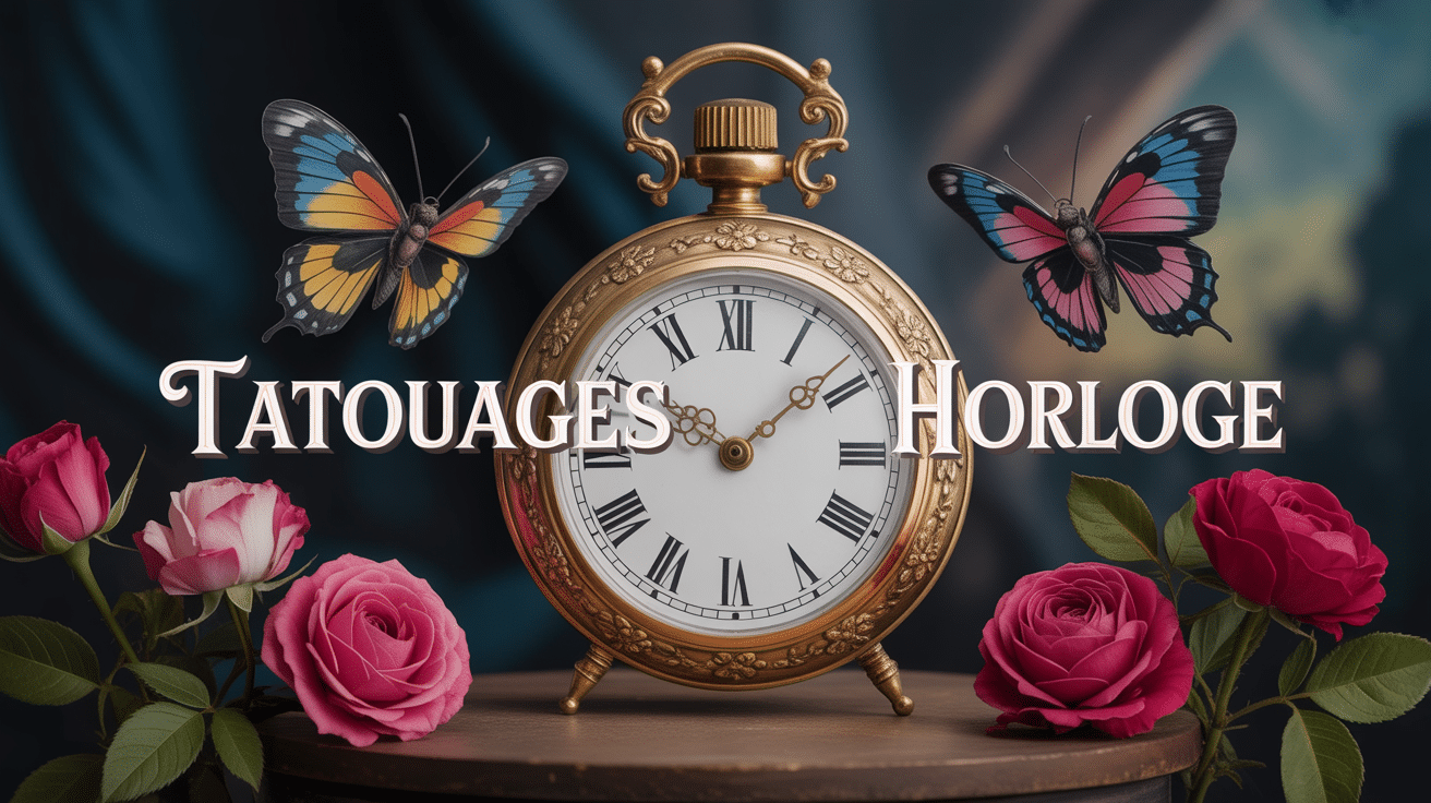 Tatouages horloge ornementée au centre avec roses et papillons