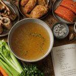 table avec aliment riche en collagene, bouillon d’os, saumon et légumes