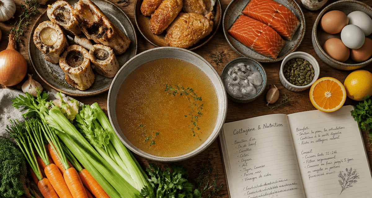 table avec aliment riche en collagene, bouillon d’os, saumon et légumes