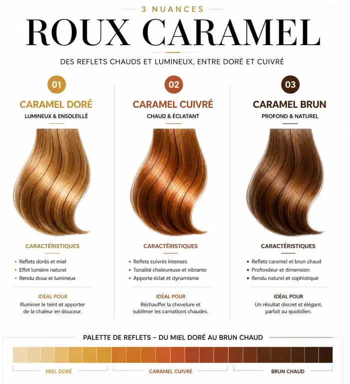 Comparatif des nuances de couleur roux caramel : doré, cuivré et brun pour choisir sa coloration