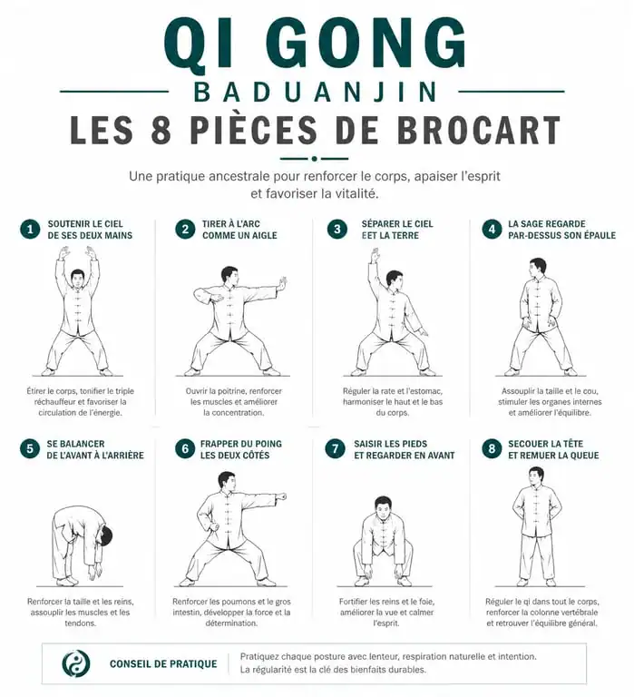 Infographie des 8 postures du Qi Gong Baduanjin pour la santé