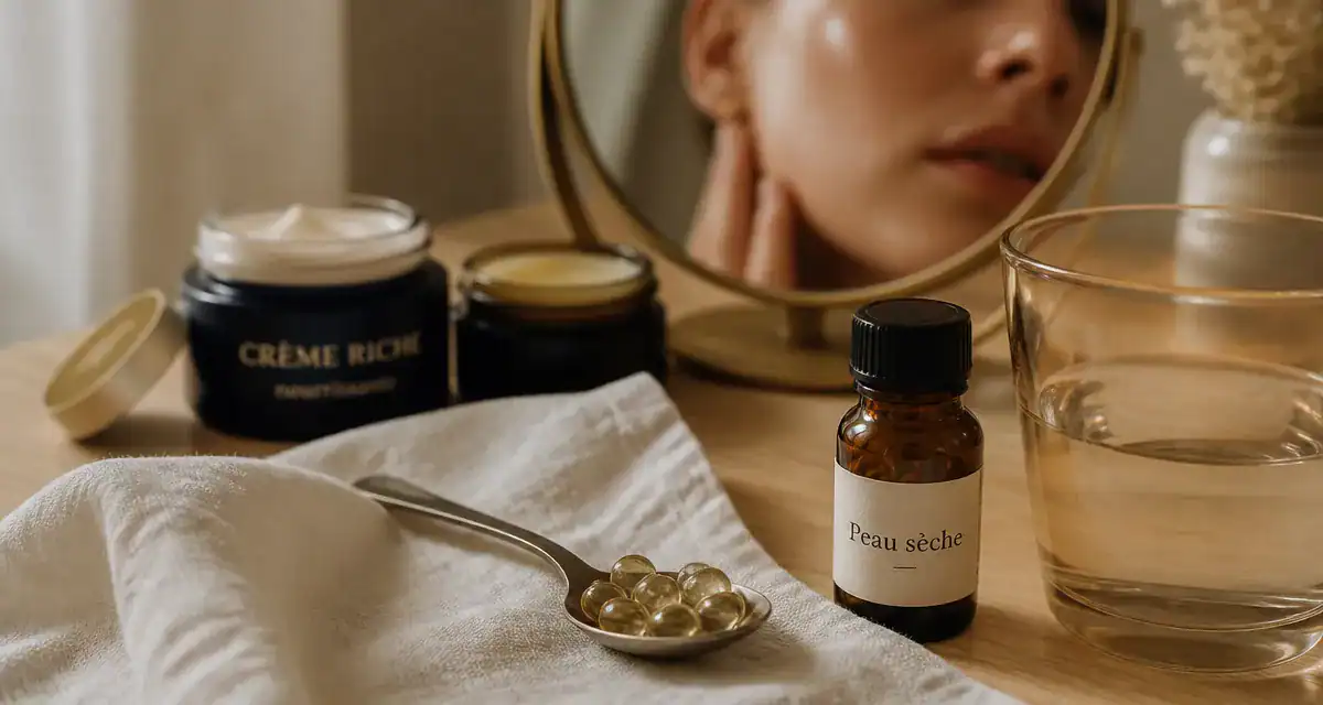 Complement alimentaire pour peau seche sur table en bois : gélules et flacon, peau confortable