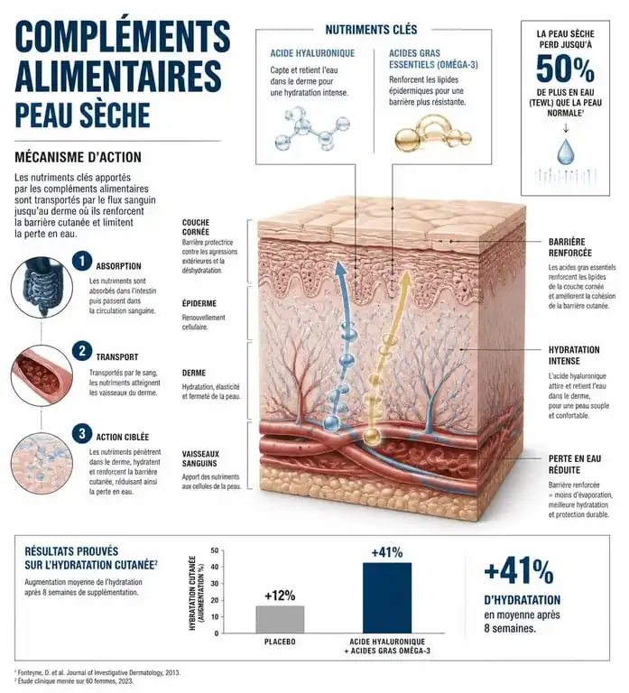 Infographie expliquant le mécanisme d'action des compléments alimentaires pour peau sèche et leur rôle dans la barrière cutanée