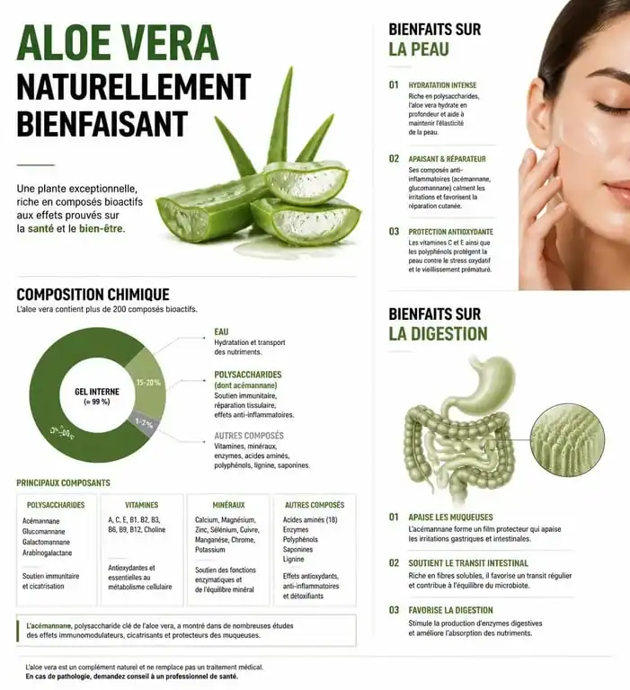 Infographie illustrant les bienfaits de l'aloe vera pour la santé et la peau