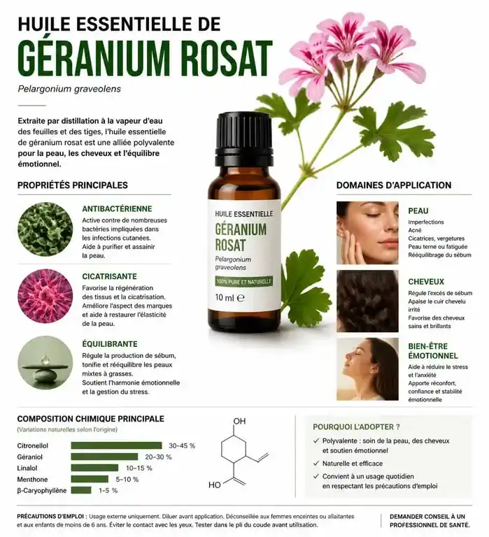 Infographie des bienfaits et usages de l'huile essentielle de géranium rosat pour la peau et la santé