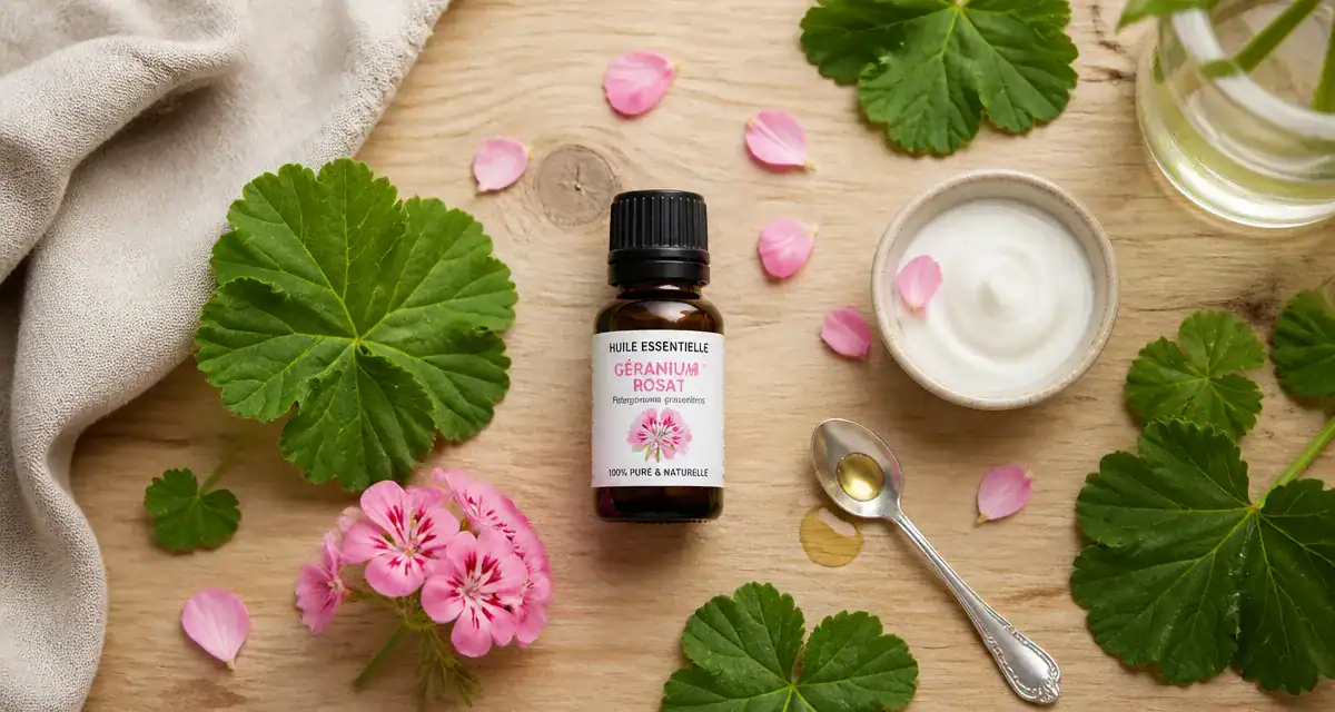 huile essentielle géranium bienfaits flacon feuilles crème