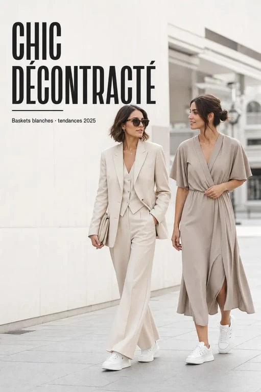 basket blanche femme tendance 2025 portée avec un tailleur et une robe midi dans un look urbain chic