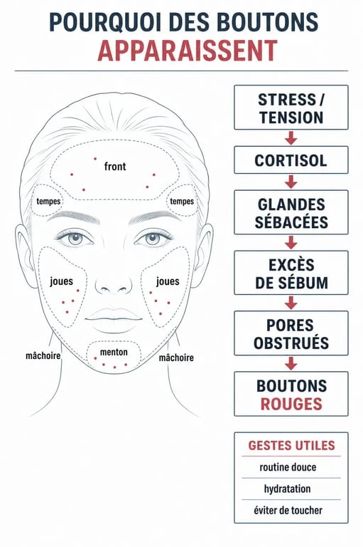 Boutons de stress sur le visage : schéma du cortisol, du sébum et des pores obstrués