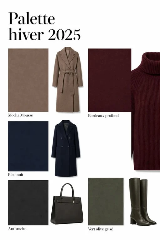 Couleurs mode hiver 2025 : palette éditoriale de Mocha Mousse, bordeaux, bleu nuit, anthracite et vert olive grisé