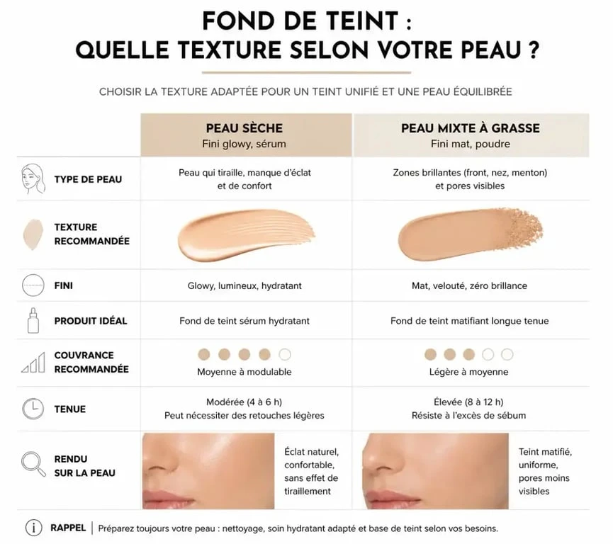 Tableau comparatif des textures de fond de teint selon le type de peau