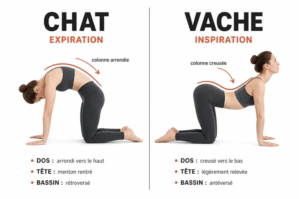 Posture du chat en yoga comparée à la posture de la vache, avec respiration et courbes de la colonne