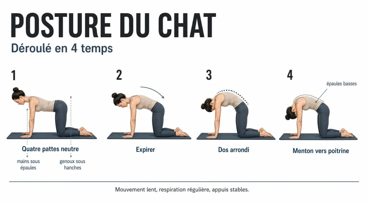 Posture du chat en yoga étape par étape avec colonne arrondie et repères d’alignement