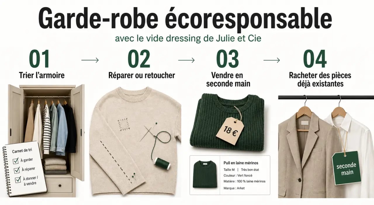 Comment adopter une garde-robe écoresponsable avec le vide dressing de Julie et Cie : processus de tri, réparation, vente et achat de seconde main