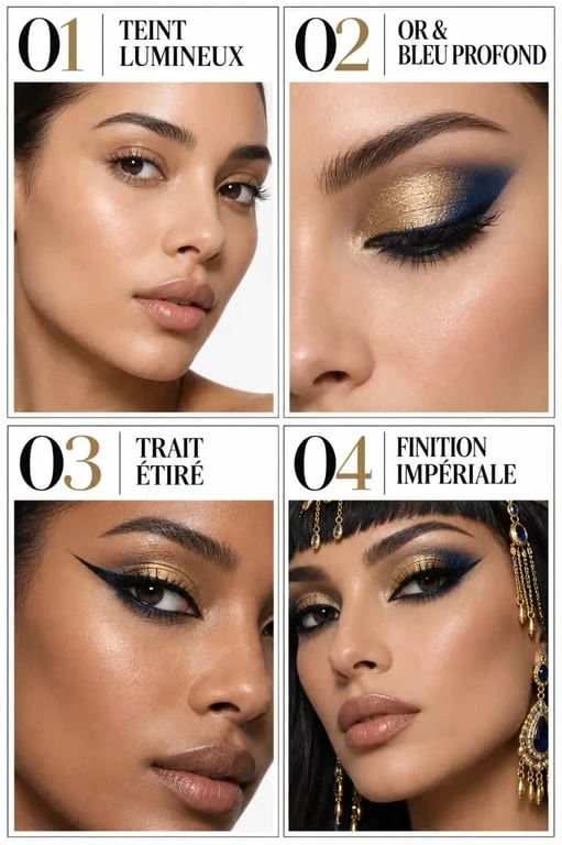 Maquillage Cléopâtre étape par étape avec eyeliner noir, fard doré et accent bleu