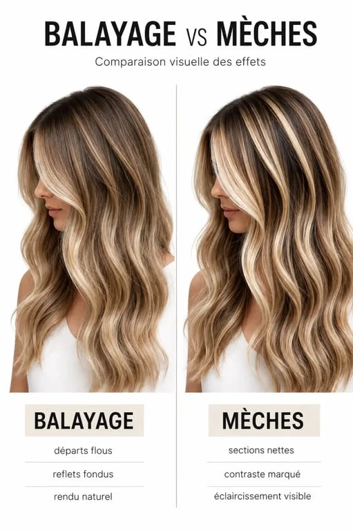 Différence balayage et mèches illustrée par une comparaison visuelle entre rendu fondu et rendu contrasté
