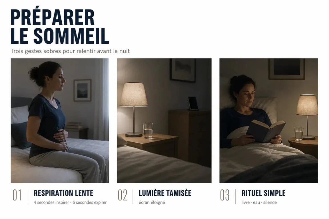 Technique pour s endormir rapidement : routine du soir calme dans une chambre sombre avec respiration lente et lumière tamisée