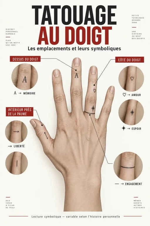 Infographie sur la signification d’un tatouage doigt et les motifs minimalistes selon leur emplacement