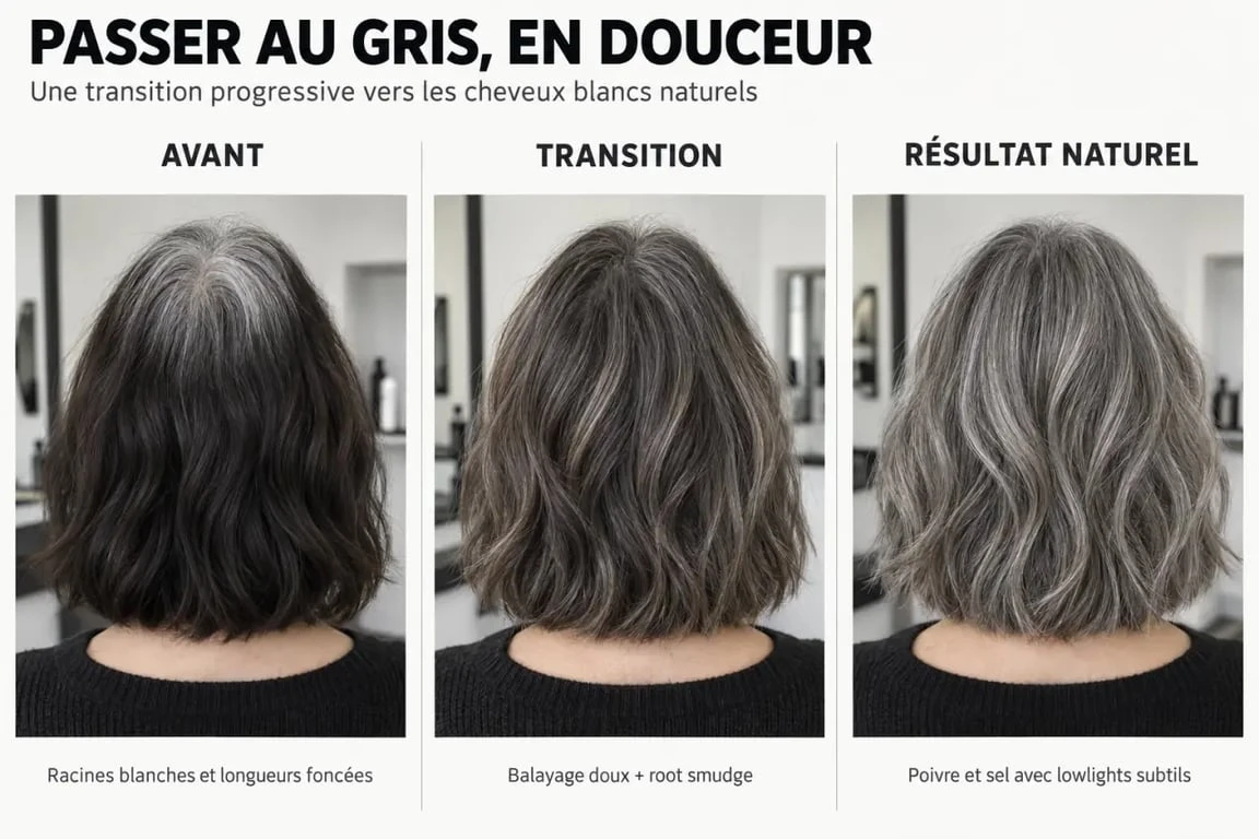 Avant après d'un balayage sur cheveux blancs pour accompagner la transition vers le blanc naturel