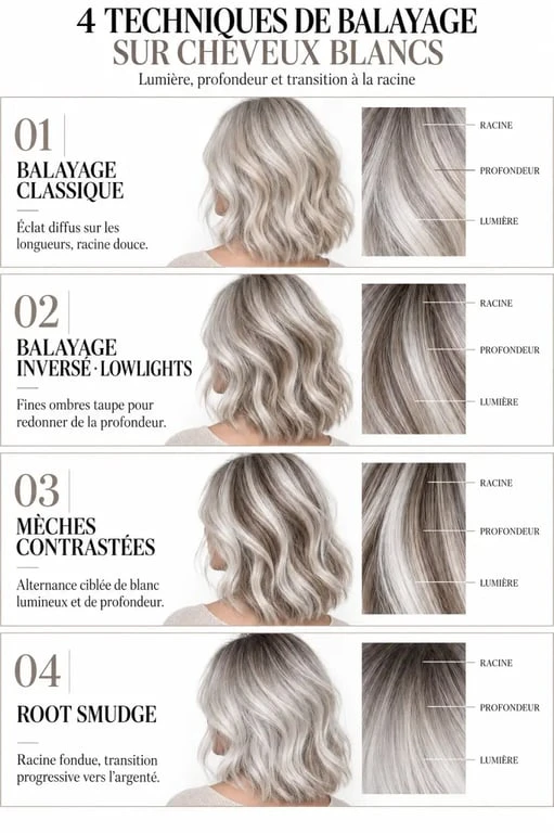 Infographie pour comprendre quel balayage sur cheveux blancs choisir entre balayage classique, inversé, mèches et root smudge