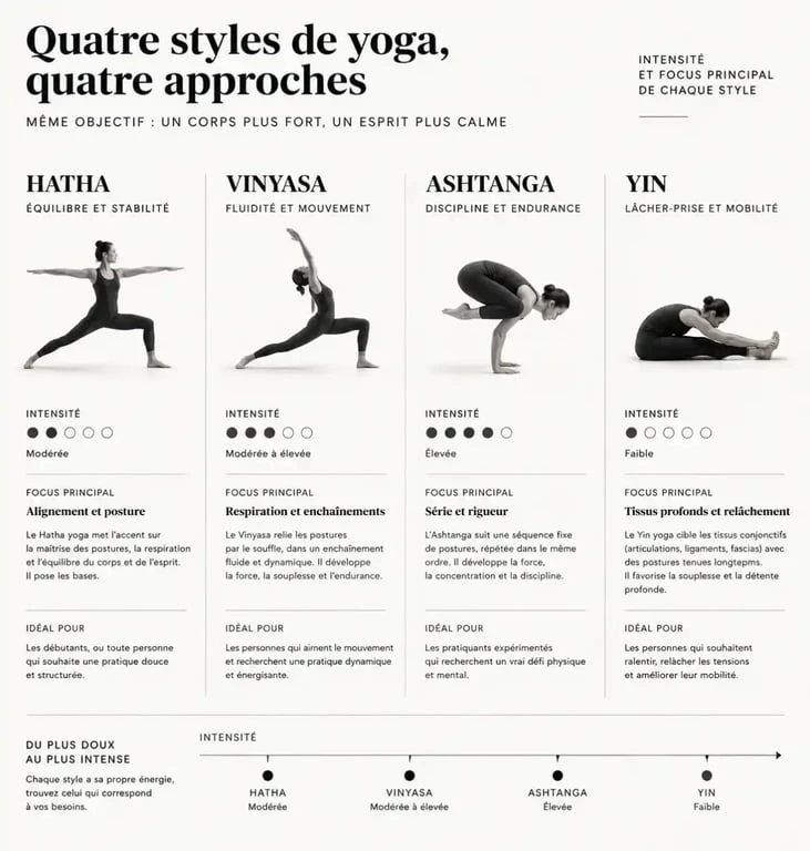 Infographie comparative des différents types de yoga : intensité et objectifs