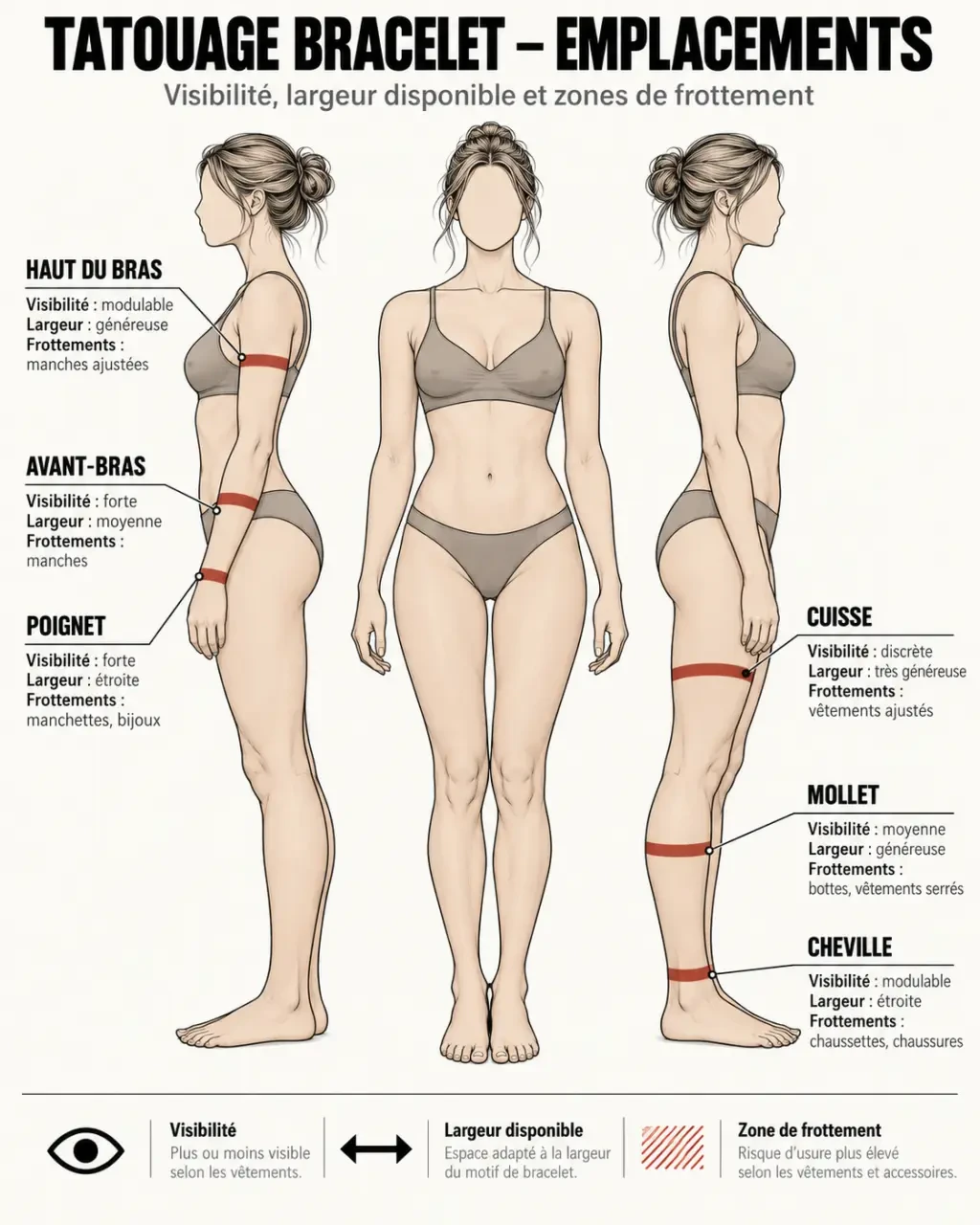 Emplacements possibles pour un tatouage bracelet femme du poignet à la cheville